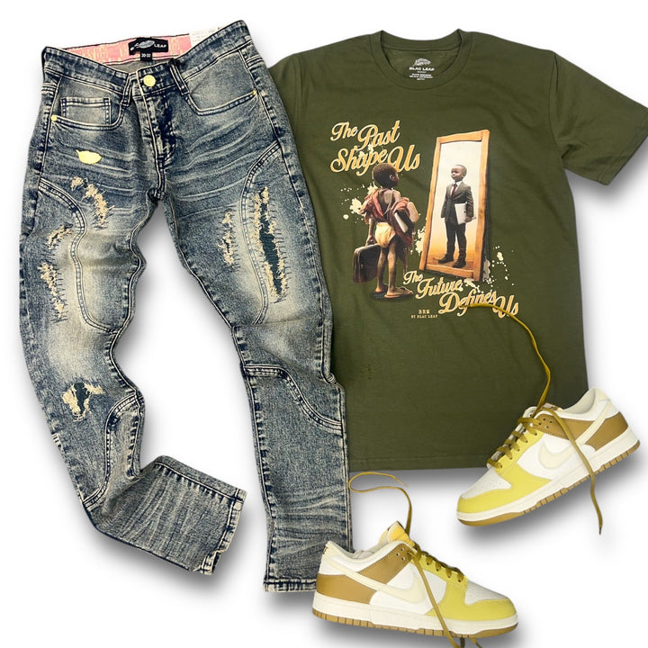 Risq Takers The Past Shapes Us Tee Olive , Blac Leaf Legends Denim Jeans Legend Wash (Sneaker not included)  Outfit combo