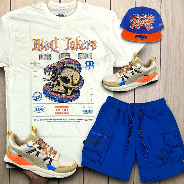 Risq Takers Menace Snake Tee Nat/Org/blue outfit