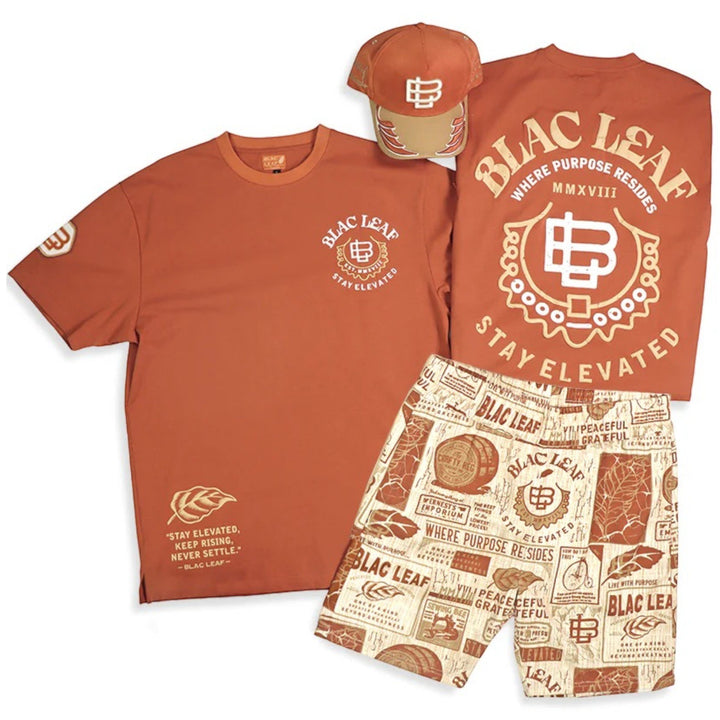 Blac Leaf Stay Elevated Trucker Hat & T-Shirt Rust &  AOP Knit Short  Bundle