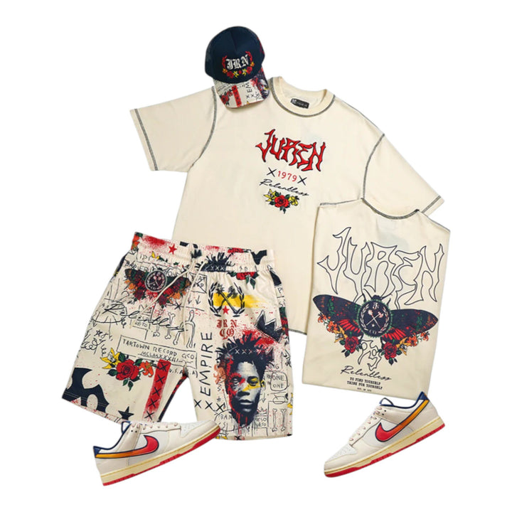 Relentless Heart Trucker Hat Navy , Juren Empire Tee , Juren Relentless AOP Short(Sneakers not included)  Outfit Combo