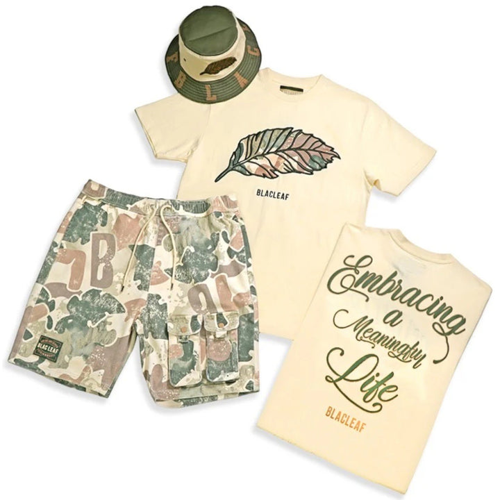 Blac Leaf Rooted In Purpose Camo Bucket Hat & Embracing Life Shirt & Root in Purpose Camo Short  Bundle