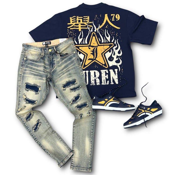 Juren Ice Cold Navy tee, Juren Issac Denim Jeans, And  G7 Mercer Taxi Sneaker Navy outfit  Combo