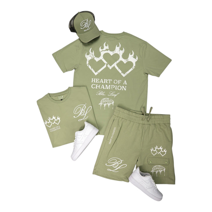 Blac Leaf Heart Of A Champion Sage Trucker Hat, Triple Heart Sage Shirt , Heart Of A Champion Sage Shorts  Outfit Combo