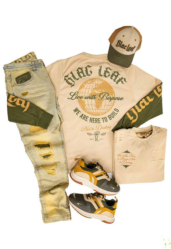 Blac leaf Stay Strong Dad Hat Khaki Olive,World To Build Heavy Weight Long Sleeve Shirt Putty Khaki,Stay Strong Denim Jeans, And G7 X Strong" Sneaker   Outfit combo