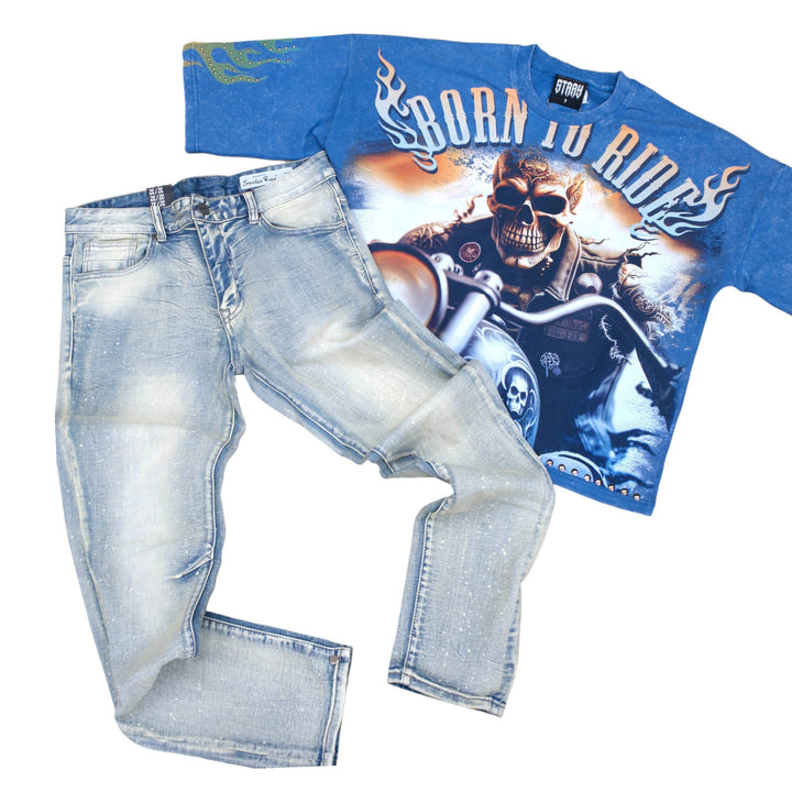 Stray Born To Ride Tee  & Smoke Rise Vintage Wash Slim Jean Outfit Combo