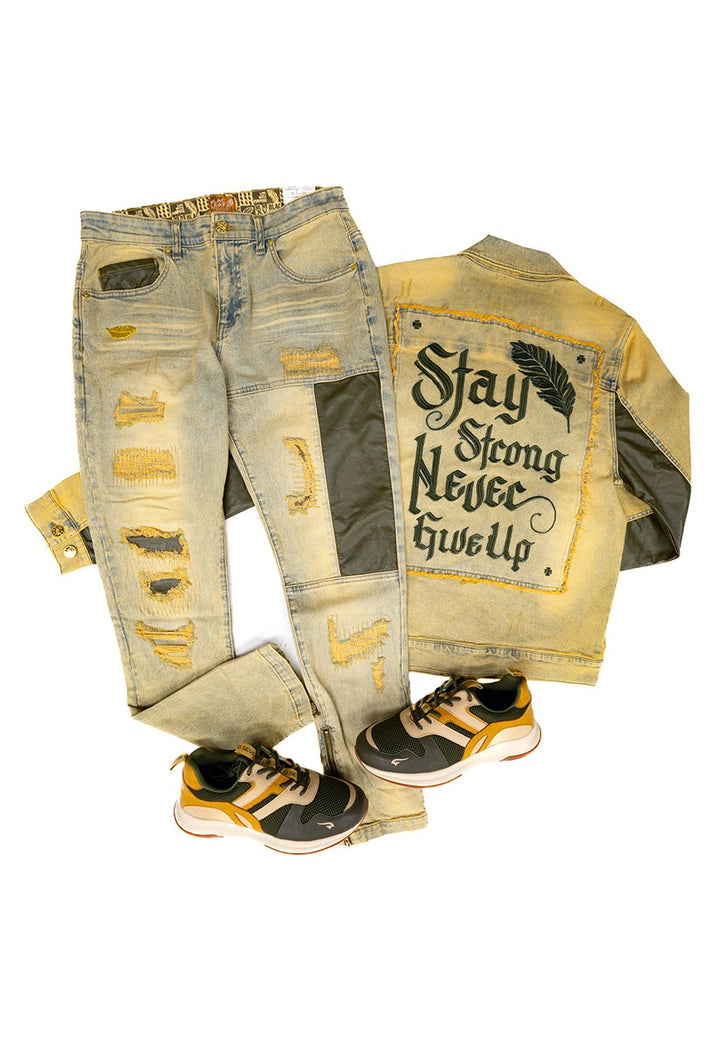 Blac leaf Stay Strong Denim Jacket, Stay Strong Denim Jeans And G7 X "Strong" Sneaker Outfit combo