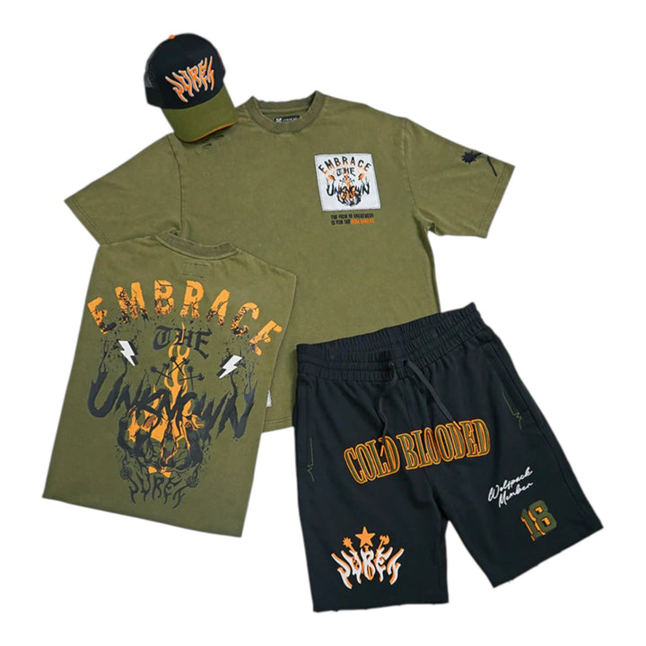 Juren Wolfpack Club Trucker Hat Black Olive ,Embrace The Unknown Tee Olive, Cold Blooded Shorts  Outfit Combo