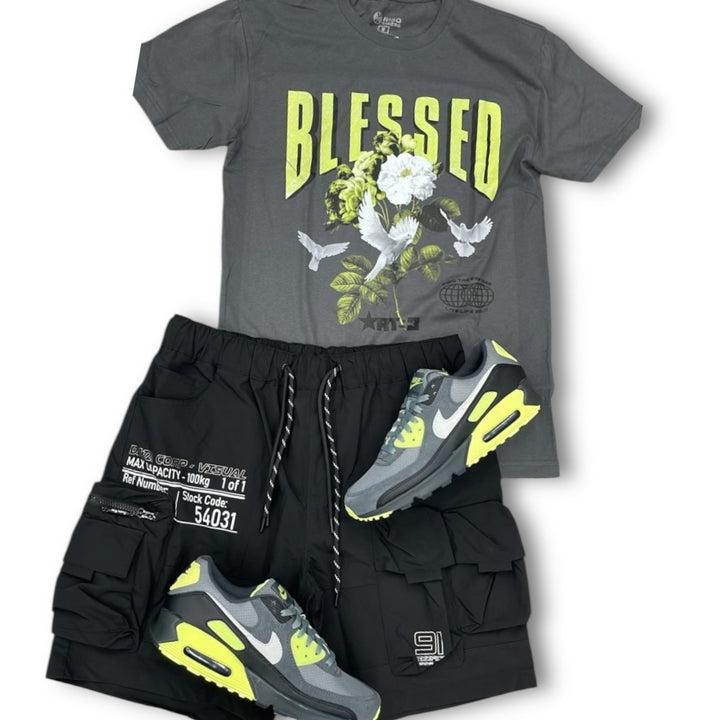 Risq Takers Blessed Dove Dark Grey, Smoke Rise Utility Nylon Short And Nike Air Max 90 Smoke Grey Light Lemon Twist  Outfit combo