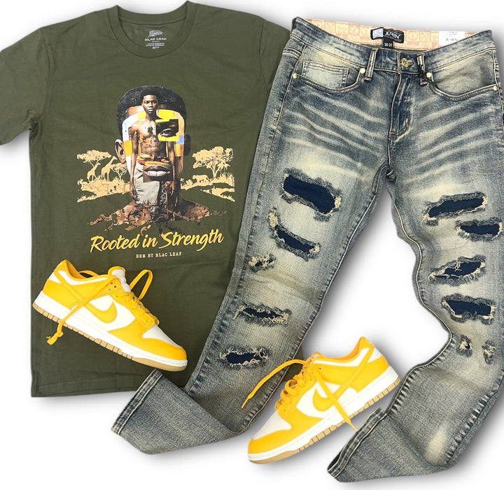 Risq Takers Rooted In Strength Tee Olive, Juren Issac Denim Jeans ( Sneaker not included)  Outfit combo