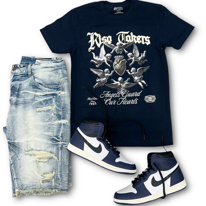 Risq Takers Angels Guard Hearts Tee Navy,Smoke Rise Essential Short Alpine Blue And Jordan 1 Retro High OG Midnight Navy  Outfit combo