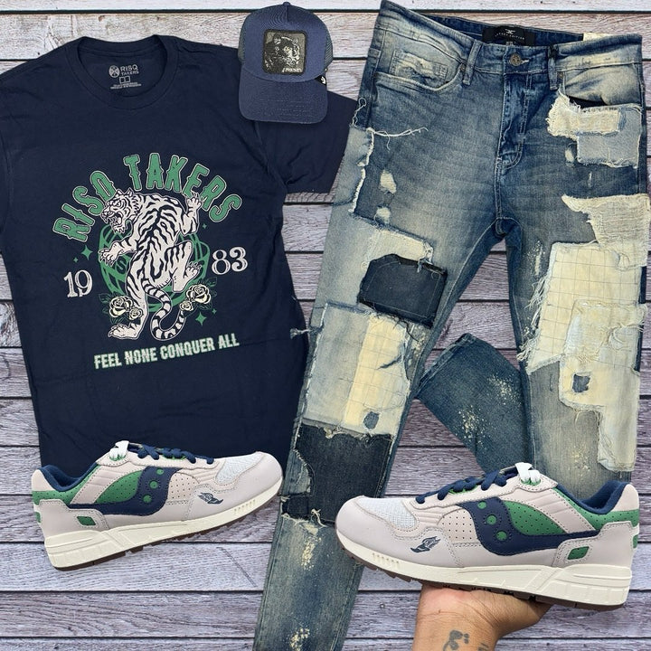 Risq Takers Feel None Conquer All Tee Navy outfit combo