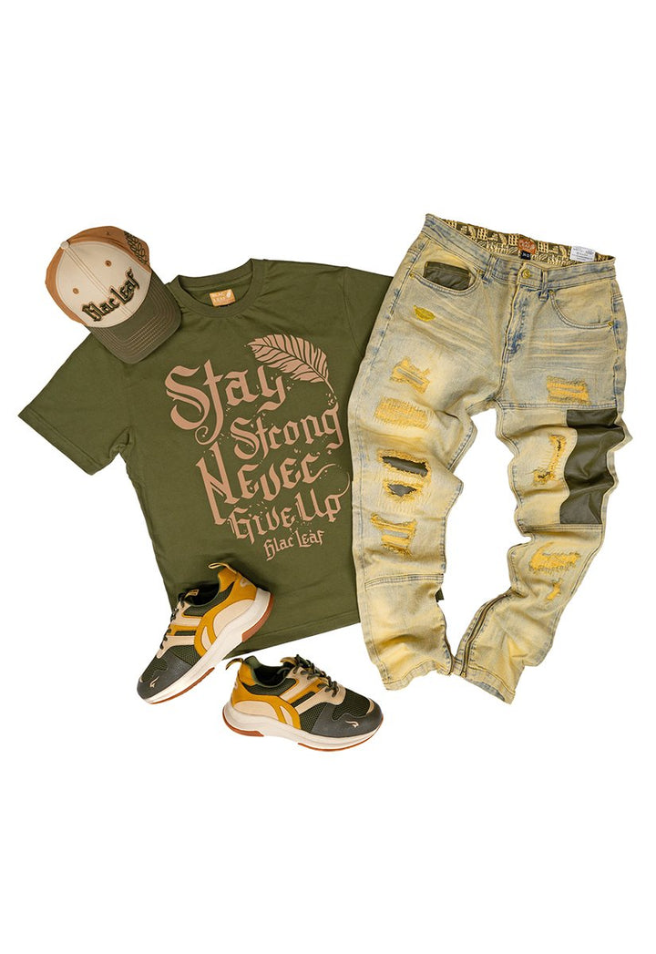 Blac leaf Stay Strong Dad Hat Khaki Olive,Stay Strong Tee Olive,  Stay Strong Denim Jeans And G7 X Strong" Sneaker  Outfit combo