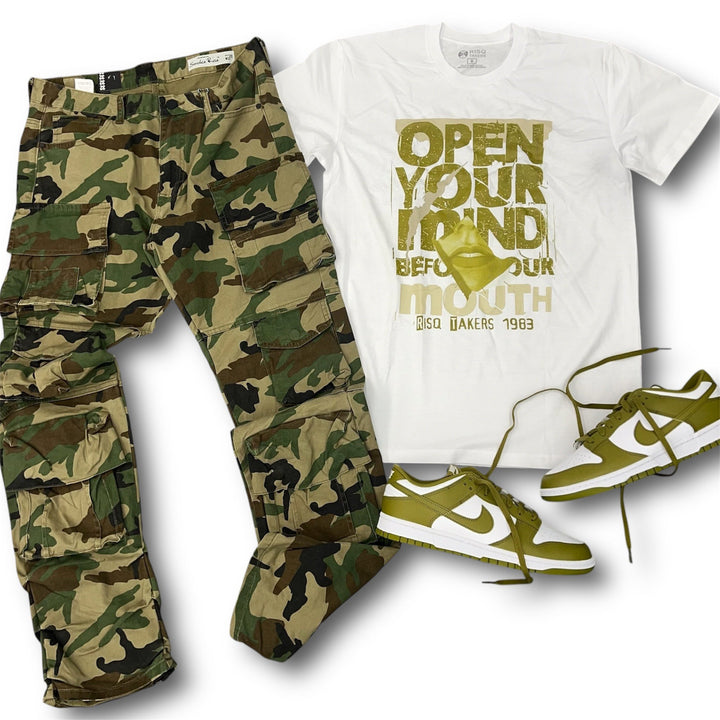 Risq Takers Open Your Mind Tee White, Smoke Rise Utility Twill Pant, And Nike Dunk Low Retro Pacific Moss outfit combo