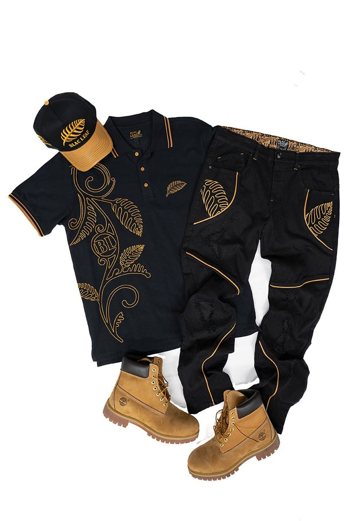 Blac leaf Successful Mindset Vegan Leather Dad Hat, Ornate Premium Embroidered Polo Top, Successful Mindset Denim Pants Jet Black (Sneaker not included) Outfit combo