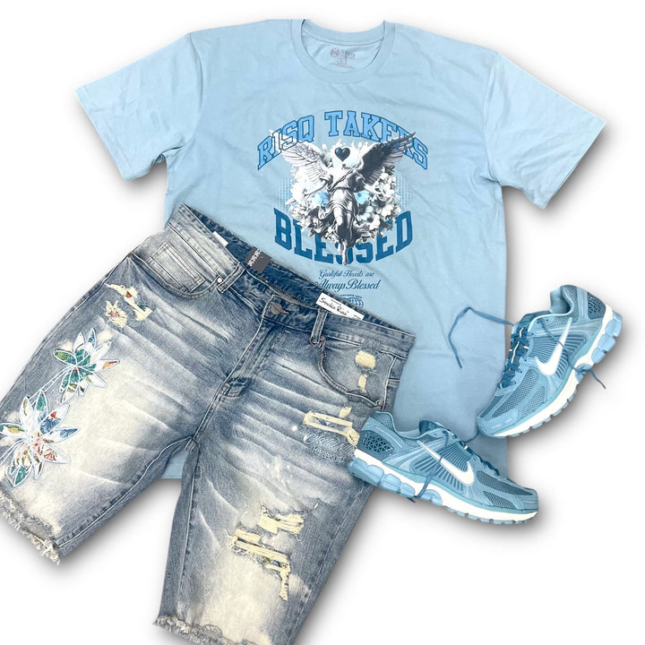 Risq Takers Blessed & Grateful Hearts Tee Lt Blue, Smoke Rise Tapestry Denim Short And Nike Zoom Vomero 5 Denim Turquoise, Pale Ivory Outfit combo