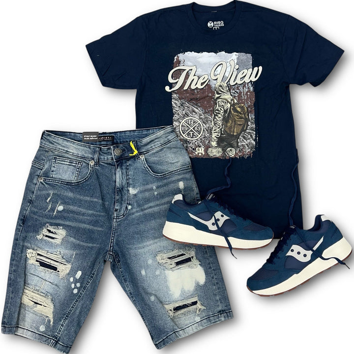 The View Tee Navy/ Cream,  Denim Short Rustic Blue, Saucony Eclipse Navy Outfit combo