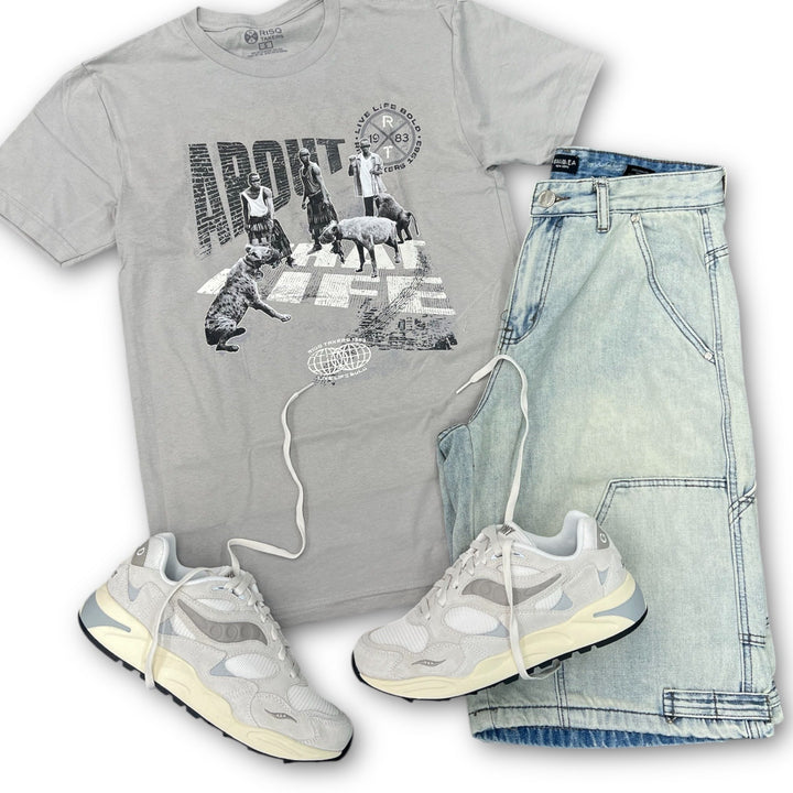 About That Life" Tee Grey, Waimea Baggy Short Vintage, And Saucony Grid Shadow White Cream Outfit combo