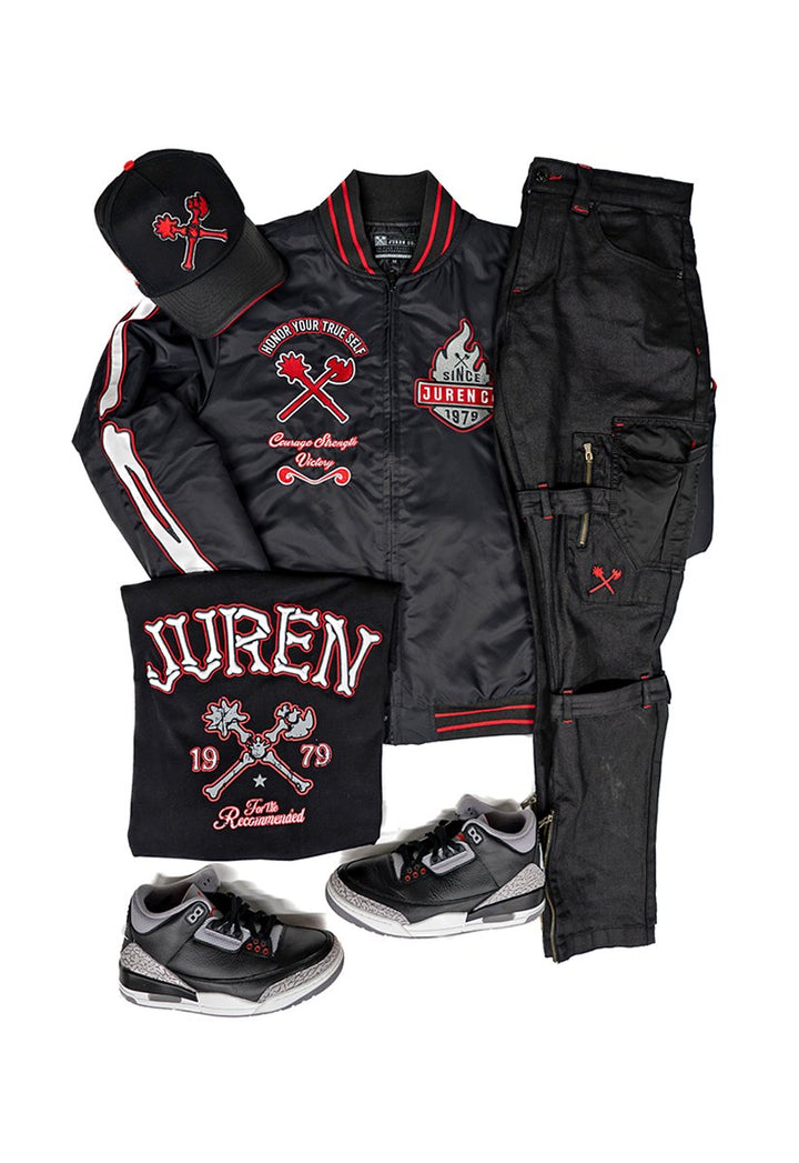 Juren True Self Distressed Tee,Juren Bones Bomber,Juren Cement Utility Jeans, And Juren Red Bone Pebble Leather Dad Hat (Sneakers not included) outfit combo