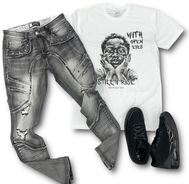 Risq Takers With Open Eyes Tee -White, Juren Jayvon Grey Wash Denim Jean (Sneaker not included)  Outfit combo