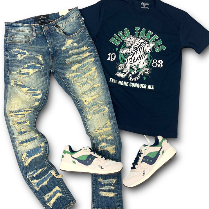 Risq Takers Feel None Conquer All Tee Navy Jordan Craig Heavy Shredded Jean Antique Wash, And Saucony Shadow 5000 Ivy League Fog Green Outfit Combo