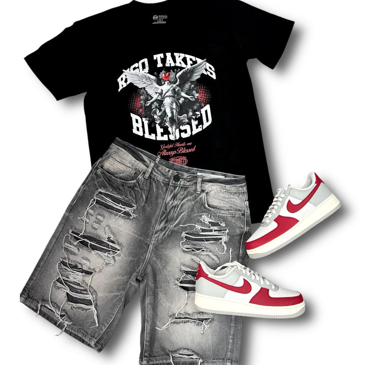 Risq Takers Blessed Angel Tee Blk/Wht,Smoke Rise Rip&Repair Short Fuse Grey And Nike Air Force 1 Low “Red Toe” outfit combo