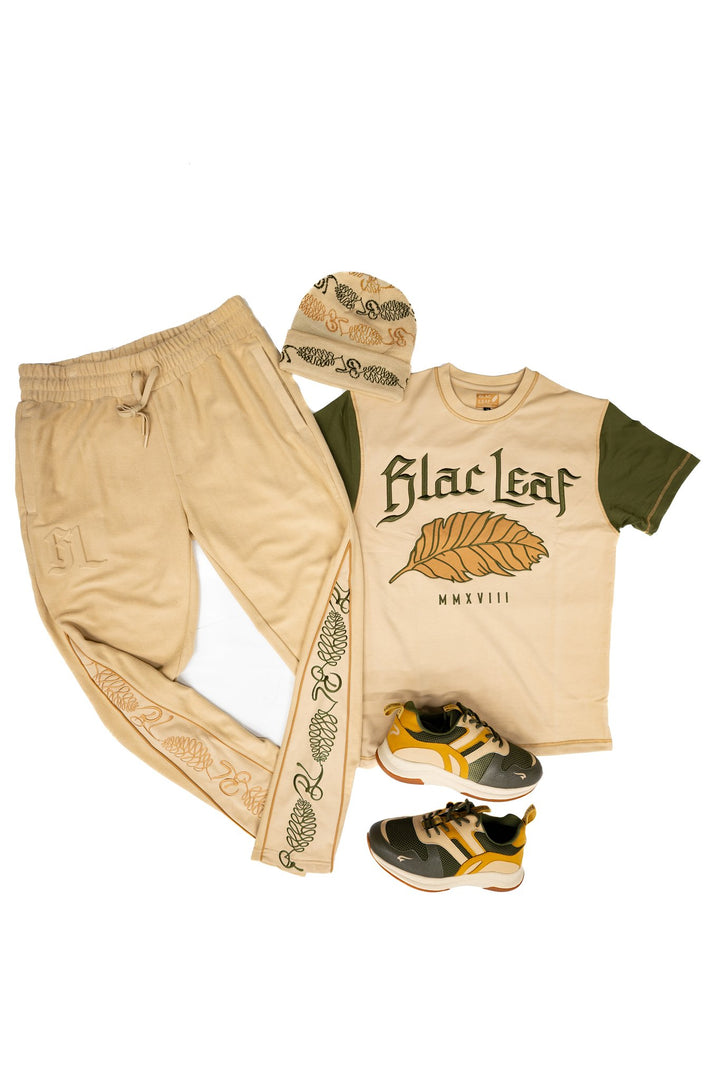 Blac leaf  Stay Strong Jacquard Beanie Khaki Olive, Rustic Leaf Tee Putty Khaki ,Stay Strong Jogger Putty Khaki, And G7 X  "Strong" Sneaker  Outfit combo