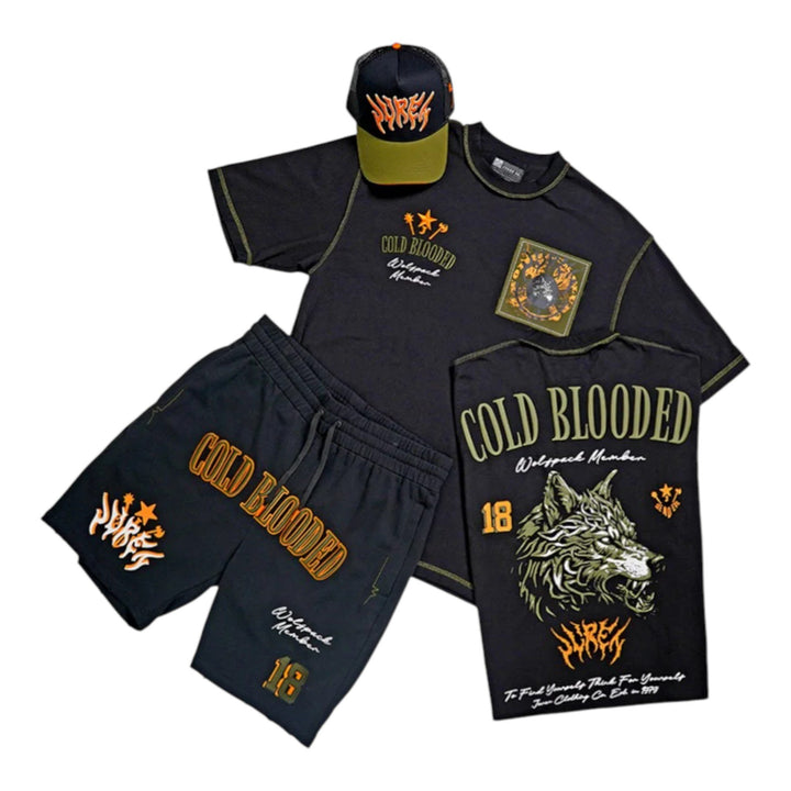 Wolfpack Club Trucker Hat Black Olive, Cold Blooded Tee ,Cold Blooded Shorts   Outfit Combo