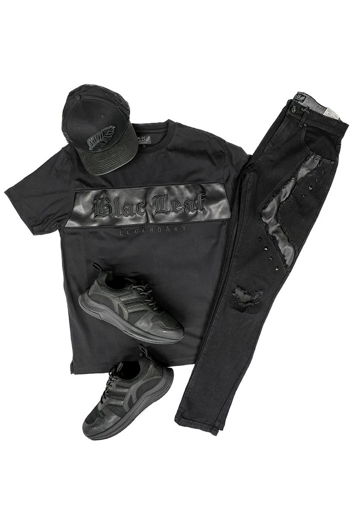 Blac leaf Conquer Everything Strapback Hat, Legendary Leather Stripe Tee, Fear Nothing Denim Jeans, And G7 X Dominion X  Outfit combo