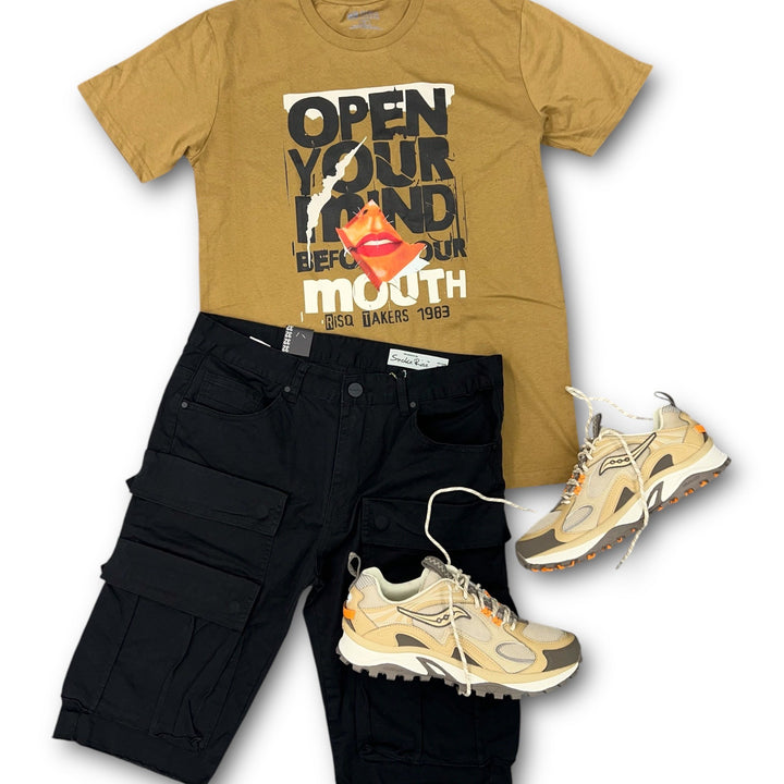 Open Your Mind Tee Khaki, Smoke Rise Fashion Twill Short And Saucony Grid Aura X Whey  Outfit combo