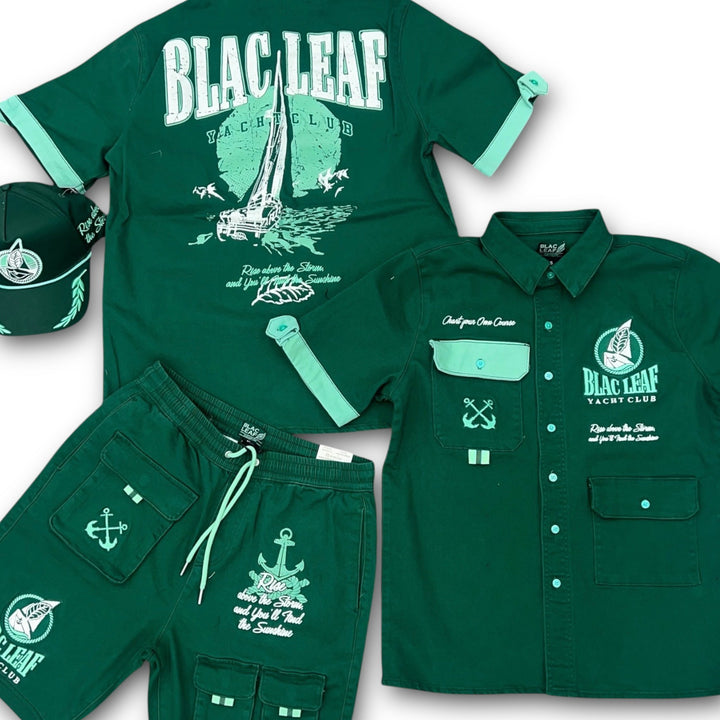 Blac Leaf Yacht Club Captain Hat, Yacht Club Button Up Dark Green And Yacht Club Utility Shorts Dark Green Outfit combo