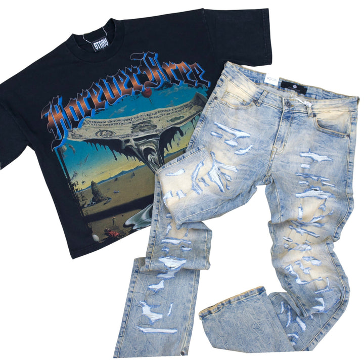 Stray Forever Free Crop Shirt Black & Focus Rip &Repair Stacked Denim Vintage Outfit Combo