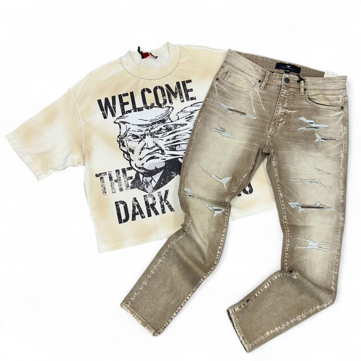 Rare Peace Rhinestones Tee Ecru & Jordan Craig Color Y&D Jean  Outfit Combo
