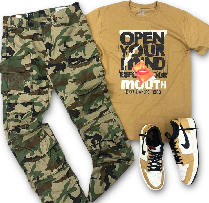 Risq Takers Open Your Mind Tee Khaki, Smoke Rise Utility Twill Pant And  Air Jordan 1 Low OG Rookie of the Year Sail, Black, Golden Harvest Outfit combo