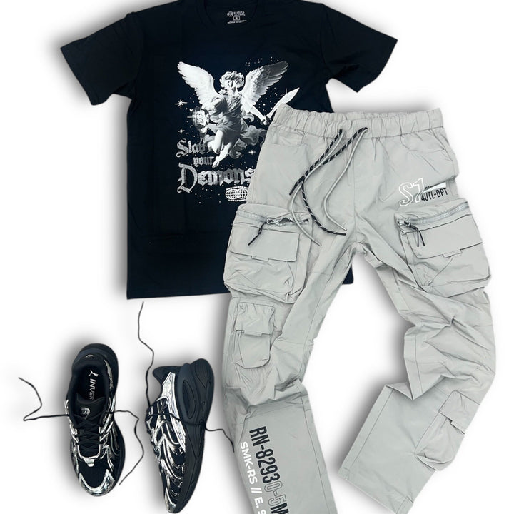 Risq Takers Slay Your Demons Tee Blk, Smoke Rise Utility Nylon Pants And Puma Inverse Dimension Black Outfit combo