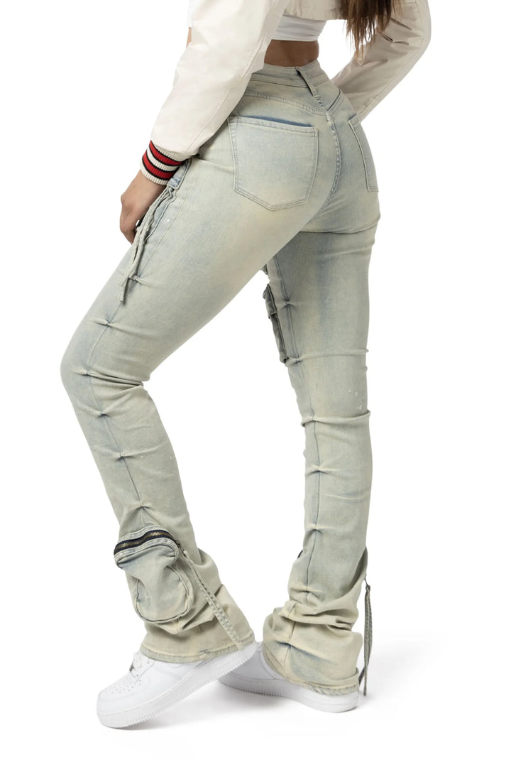 Smoke Rise Ladies High Rise Cargo Stacked Jeans Ombre Blue