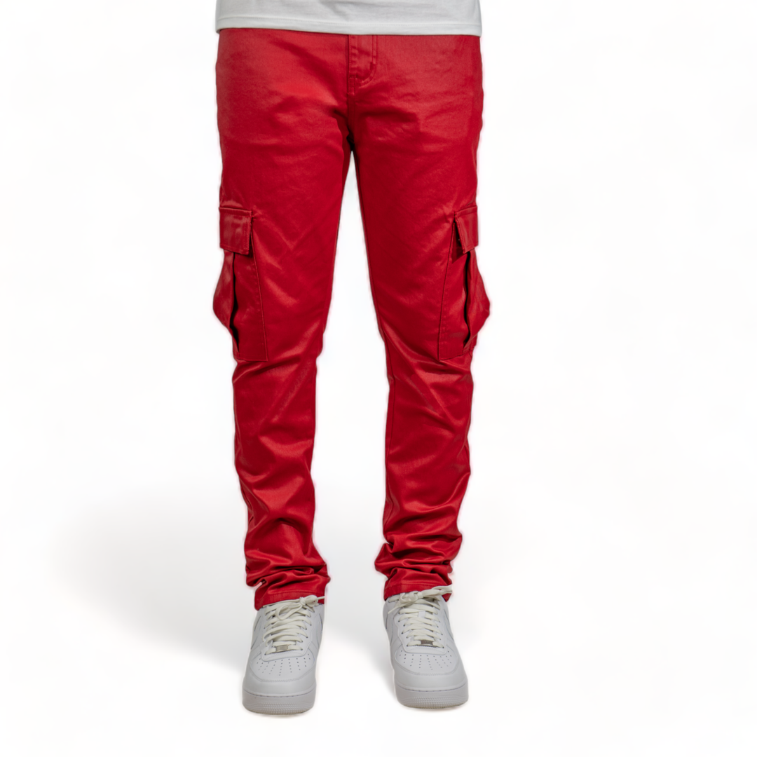 Qualified Denim Slim Wax Coated Cargo Pants Red