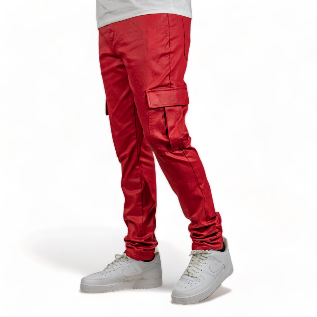 Qualified Denim Slim Wax Coated Cargo Pants Red