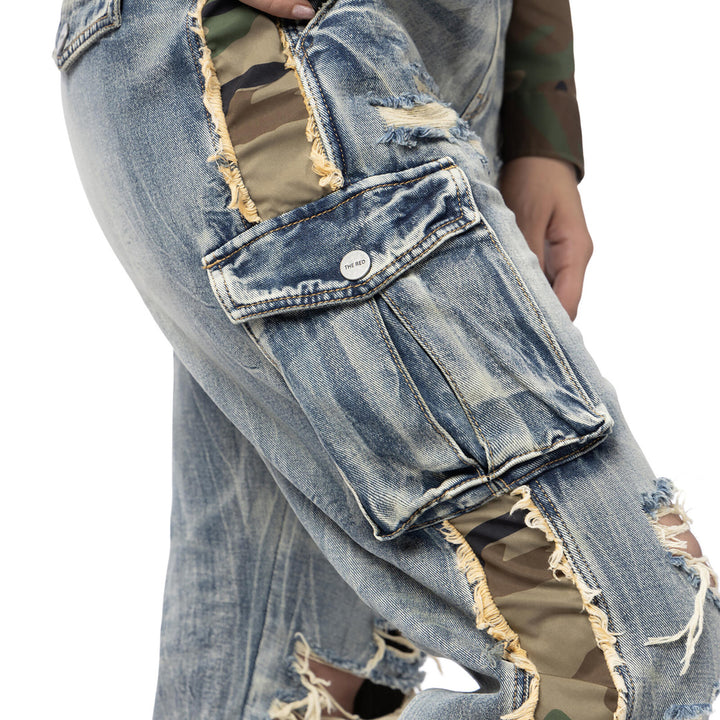 Smoke Rise Red Mixed Media Slouch Denim Pants